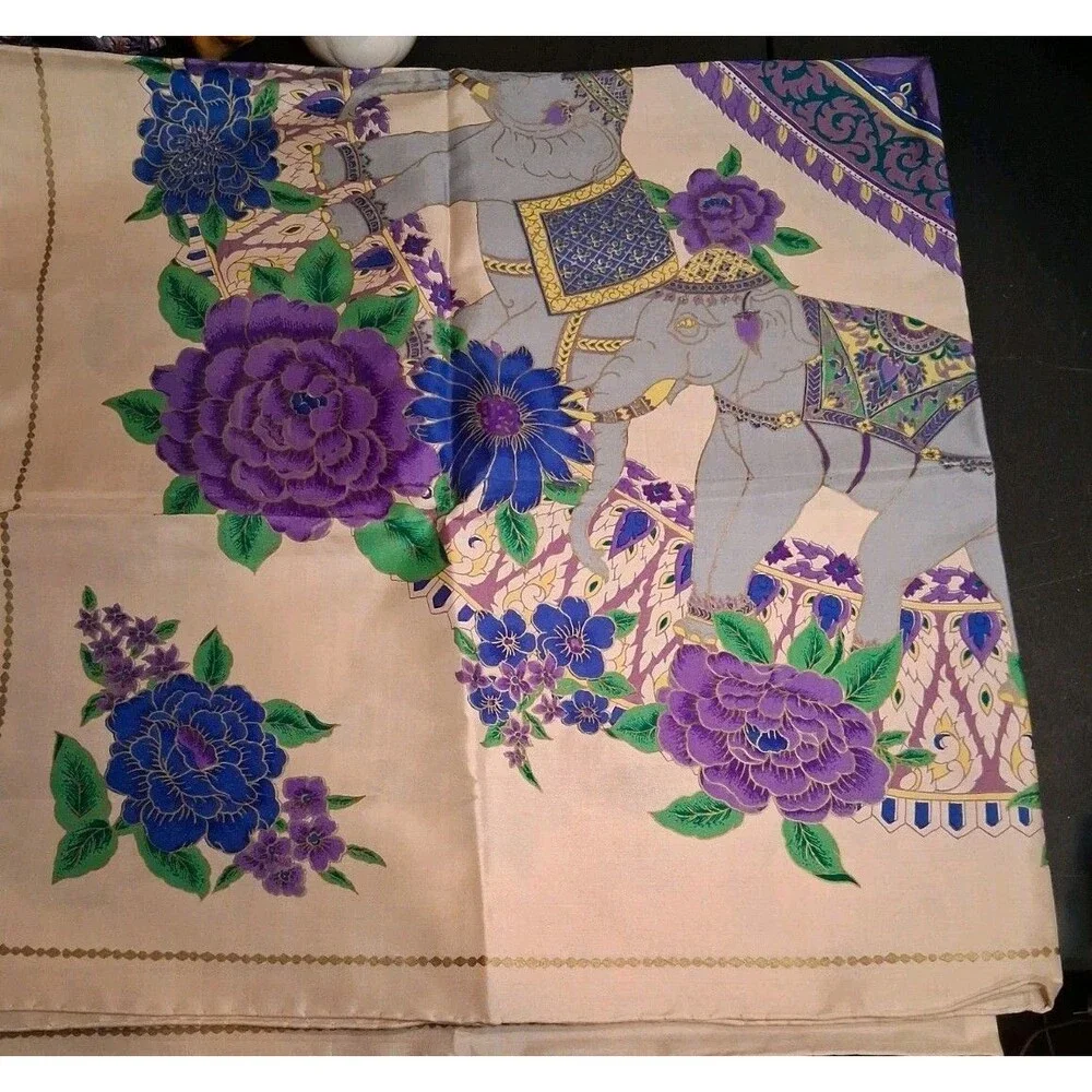 Vintage Thai Silk Scarf Elephants 100% Silk ~36